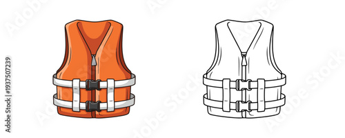 Safety life jacket cartoon illustration in bright orange color with white straps and black buckles on a clean white background, shown in color and line art styles