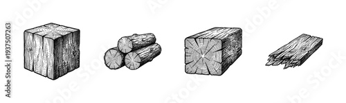 Set of monochrome wood timber and logs in a vintage hand drawn engraving style isolated on white background