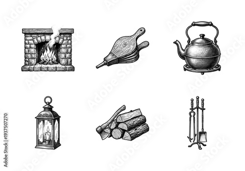 Vintage engraving style collection of cozy fireplace and hearth accessories featuring stone mantle bellows kettle lantern firewood and tools