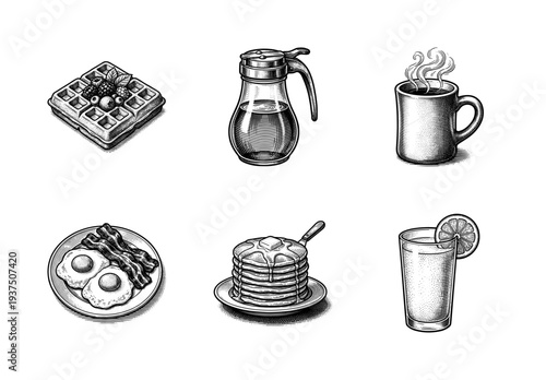 Vintage hand drawn breakfast food and drink collection featuring waffles pancakes bacon eggs coffee and juice in a woodcut engraving style