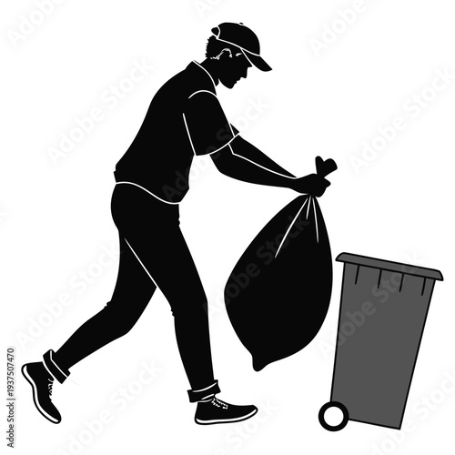 Silhouette of sanitation worker placing black garbage bag into rolling plastic waste container