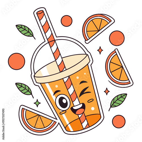 Kawaii orange juice character in plastic cup with striped straw, winking face surrounded by orange slices