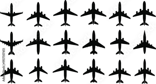 Airplane and jet silhouette icons, passenger aircraft flight top view, aviation travel and transport vector illustrations, airline wing