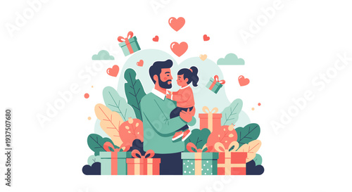 Thanks fathers day celebration dad holding child with gifts