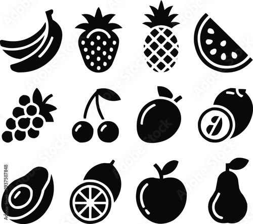 Fruit Glyph Icon Set  Fresh Tropical and Common Fruits Solid Pictograms