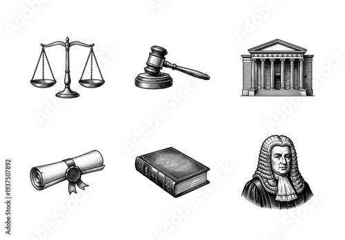 Vintage engraving style collection of law and justice icons featuring scales of justice, gavel, courthouse building, legal scroll, law book, and judge portrait.
