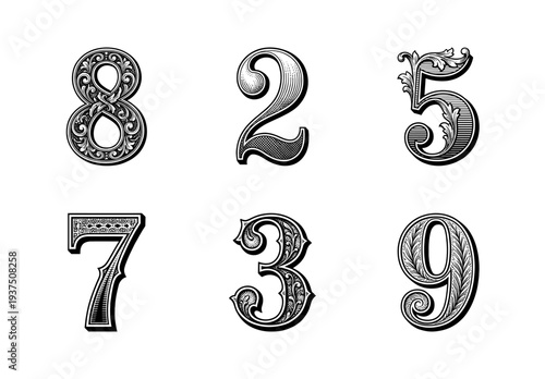 Set of ornate vintage numbers featuring intricate floral engraving and classic Victorian woodcut style on a white background.
