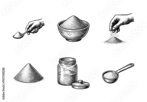 Vintage engraving style collection of salt, sugar, and flour being measured, poured, and stored in a glass jar, bowl, and spoons