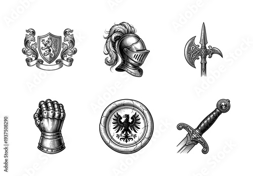 Medieval knight armor and heraldic weaponry collection in vintage woodcut engraving style