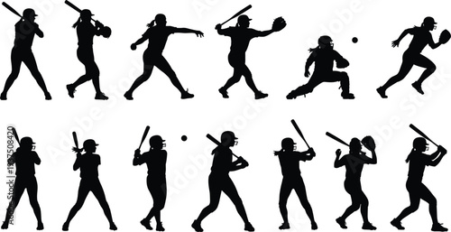 Baseball and softball player silhouettes collection showing batting, pitching, catching and running poses isolated on white background