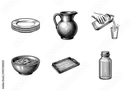 Vintage engraving style collection of kitchenware and breakfast items including ceramic plates, a pitcher, pouring milk, cereal bowl, wooden tray, and glass jar.