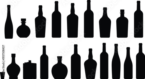 Alcohol bottle silhouettes collection featuring wine, whiskey, liquor and spirit bottles isolated on white background bar and beverage design