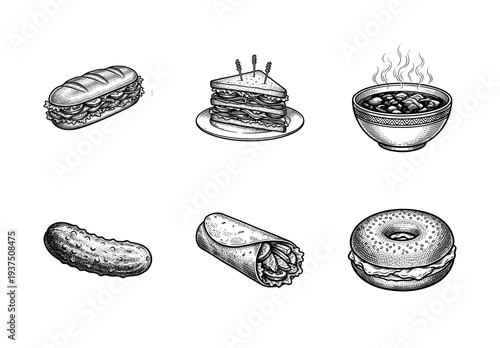 Vintage engraving style collection of lunch items featuring sandwiches, hot soup bowl, pickle, wrap, and bagel on a white background.