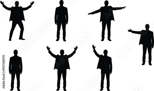 Businessman silhouettes collection showing male business people standing, greeting and presenting poses isolated on white background corporate concept