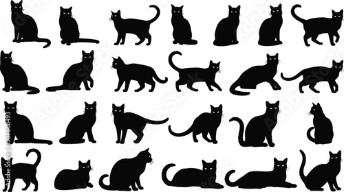 Cat silhouettes collection featuring sitting, standing, walking and lying domestic cats isolated on white background animal illustration set