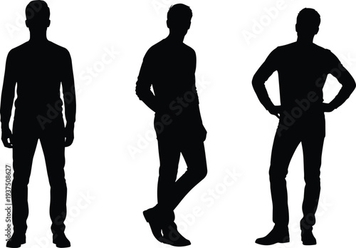 Male standing silhouettes collection featuring casual men posing in relaxed posture isolated on white background human character illustration