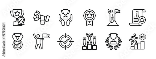 Achievement and reward line icons including trophy cup medal winner podium and successful goal target for business excellence