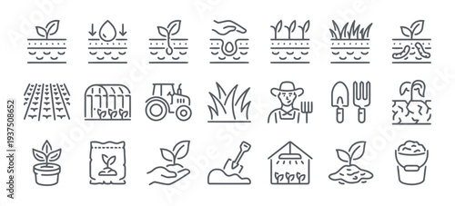 Agriculture and gardening line icons collection featuring soil preparation planting tools tractor greenhouse and farming concepts