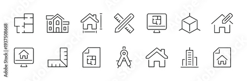 Architectural design icons set vector graphic illustration blueprint building planning and construction elements