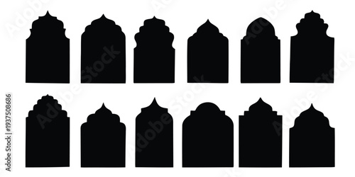 Architectural silhouette frames with arched tops, Islamic design elements and decorative motifs