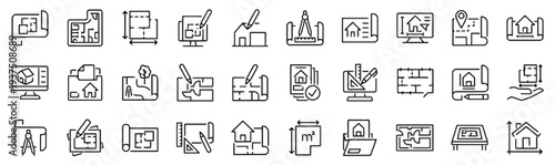 Architectural floor plan and house blueprint icons for construction and design