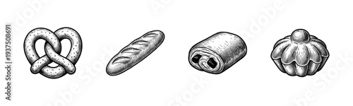 Set of four vintage woodcut style bakery illustrations featuring a pretzel, baguette, pain au chocolat, and brioche bun on a white background.