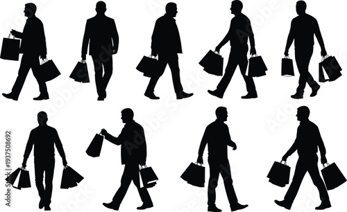 Shopping man silhouettes collection featuring male customers walking with multiple shopping bags isolated on white background retail consumer lifestyle concept