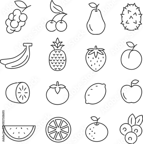 Assorted fresh fruits icons for healthy diet and natural food themes