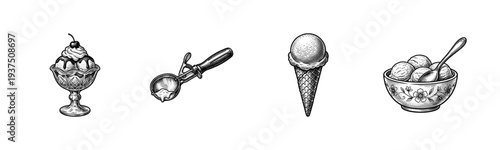 Vintage engraving style ice cream collection featuring a sundae, scooper, waffle cone, and a floral bowl of scoops.