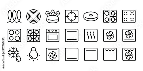 Appliance control icons for oven and cooking modes including temperature, fan, and grill functions