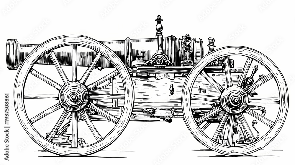 Fototapeta premium Vintage Cannon on Wheels Illustration.