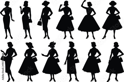 Vintage fashion women silhouettes collection showing elegant retro ladies with hats, handbags and classic dresses isolated on white background