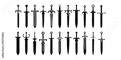 Assortment of medieval and fantasy sword icons in black and white