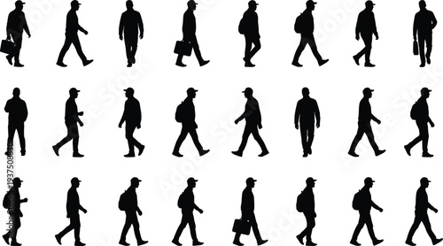 Walking man silhouettes collection featuring casual male pedestrians with bags and backpacks isolated on white background urban lifestyle concept
