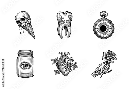 Vintage engraving collection of surreal occult icons including a skull ice cream cone, ornate tooth, celestial pocket watch, jarred eye, anatomical heart, and skeletal hand