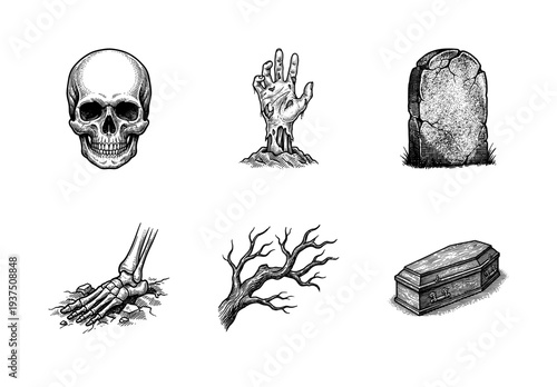 Set of gothic horror illustrations featuring a human skull, zombie hand, gravestone, skeleton foot, withered tree branch, and wooden coffin in vintage woodcut style.