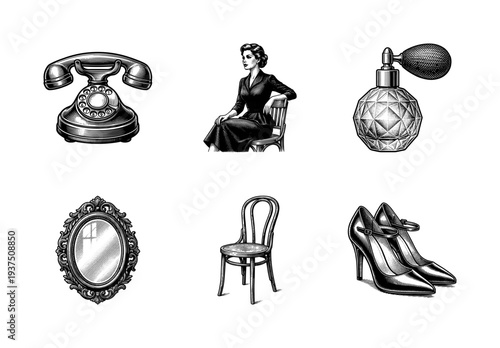 Vintage lifestyle collection of monochrome engravings featuring a rotary telephone, elegant woman, perfume bottle, ornate mirror, chair, and high heel shoes.