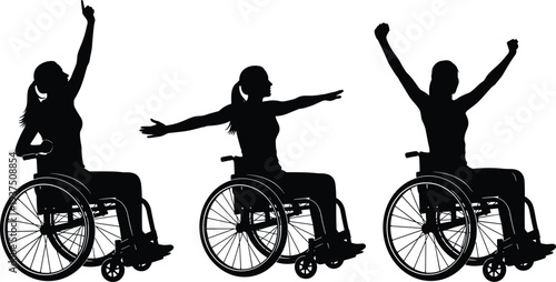 Wheelchair woman silhouettes showing disabled female celebrating freedom and independence poses isolated on white background disability awareness concept