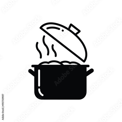 Open pot with lid and steam rising, representing cooking or preparing food with healthy ingredients, culinary concept, kitchenware, hot meal service, and restaurant menu ideas