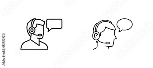 Customer support operator icons with headset and speech bubble for call center service help desk assistant and communication concept isolated on white background with linear style design