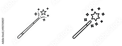 Magic wand icons with stars for wizardry concepts and fairy tale designs showing sparkling effects with thin line strokes and clean shapes for web and mobile application interface graphic
