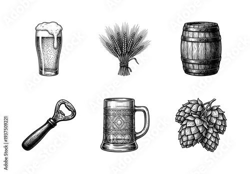 Vintage brewery collection featuring hand drawn engraving style illustrations of beer mug, glass, barrel, hops, barley, and bottle opener.