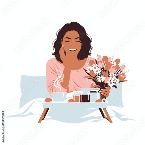 Happy Woman Enjoying Breakfast in Bed with Flowers and Tea