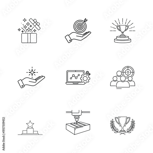 Collection of business and finance line icons representing success, goals, and achievements with a clean and modern design for digital and print use