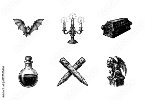 Set of gothic horror illustrations featuring vampire motifs and mystical artifacts in a detailed black and white engraving style.
