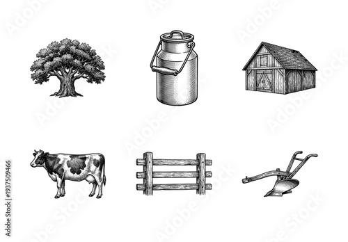Vintage farm and dairy agriculture collection featuring hand drawn woodcut style icons of a cow barn plow and milk can