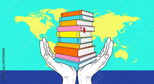 Global education and universal knowledge Hands cradle a vibrant stack of books against a world map backdrop, symbolizing the importance of lifelong learning for humanity