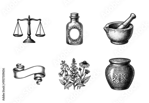 Vintage apothecary and herbal medicine collection featuring hand drawn engraving style illustrations of mortar and pestle, medicine bottle, scales, and botanical plants.