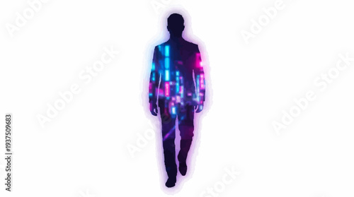 Silhouette of Man in Suit Walking with Colorful Digital Overlay - Futuristic Concept