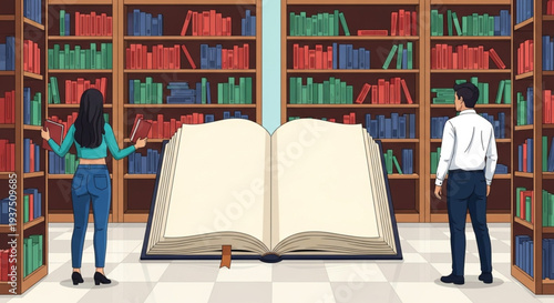 A giant open book stands between two people browsing shelves in a library filled with colorful books, symbolizing knowledge and discovery
